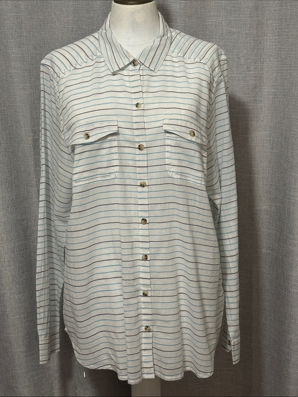 Toad & Co Organic Cotton Button Up-XL-Slightly Sheer-White/Blue-Lightweight-EUC